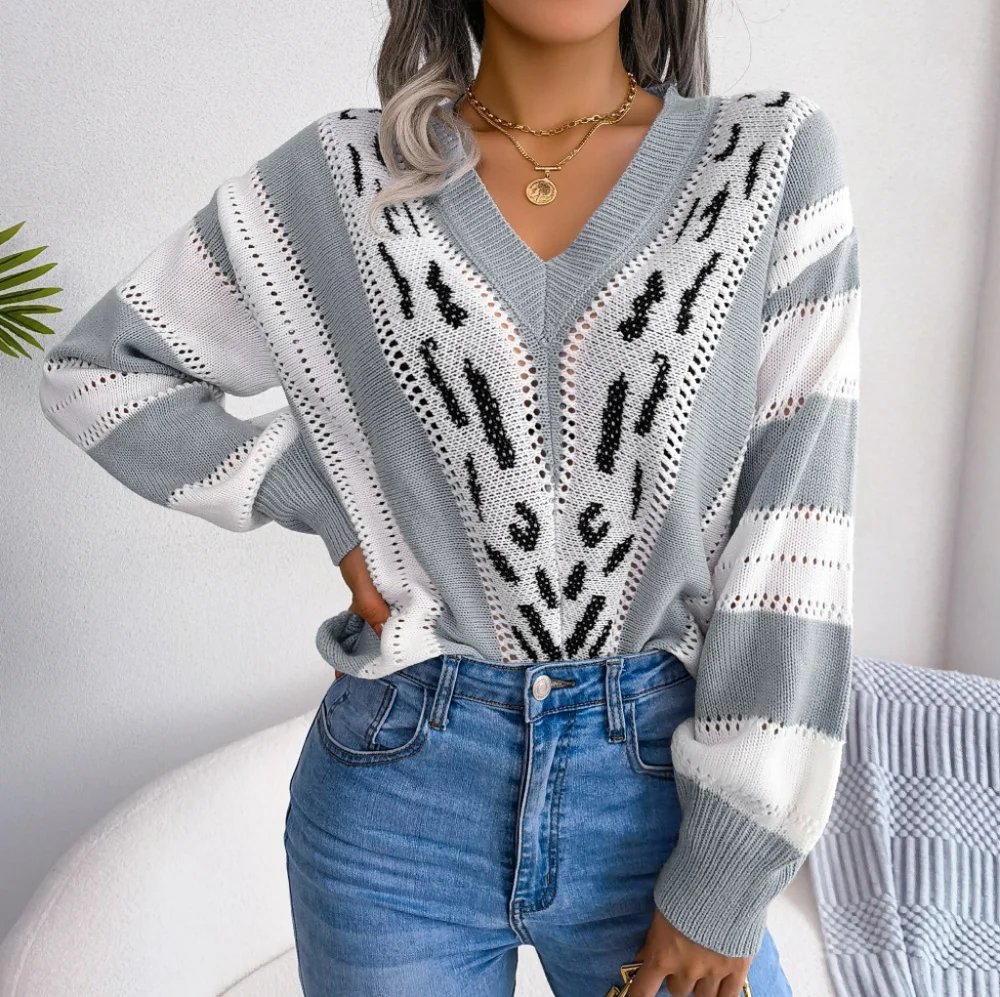 Striped Leopard Print V-Neck Balloon Sleeve Sweater - Picture 9 of 12